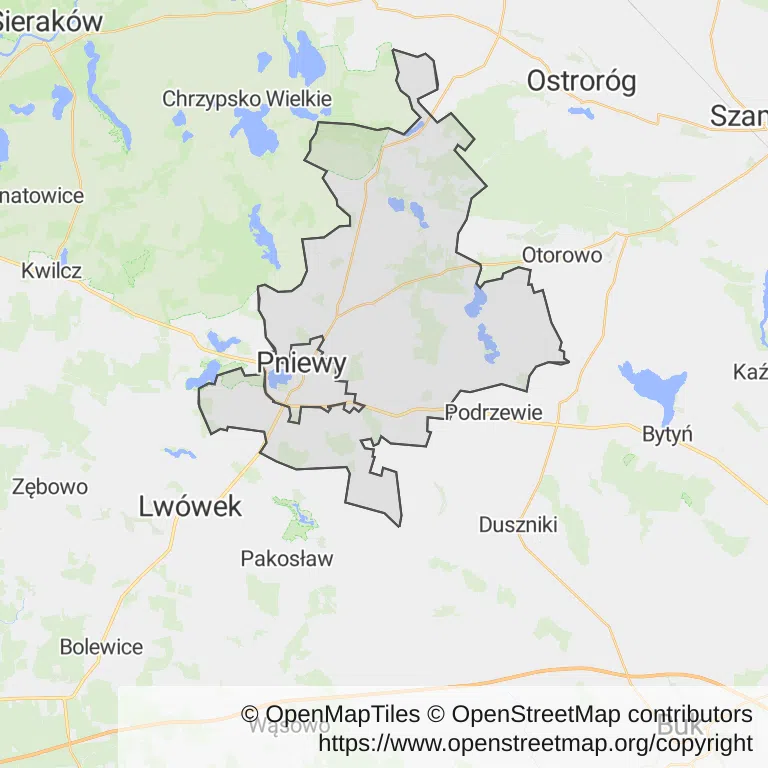 Mapa z zaznaczonym Pniewami