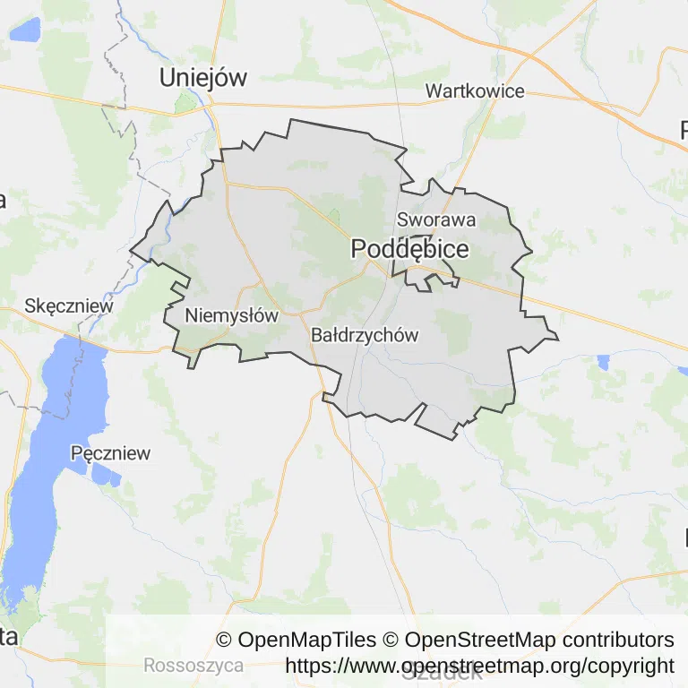Mapa z zaznaczonymi Poddębicami