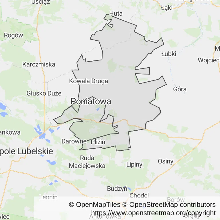 Mapa z zaznaczoną Poniatowej