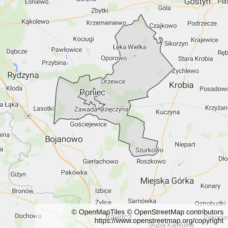Mapa z zaznaczonym Poniecu