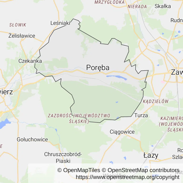 Mapa z zaznaczoną Porębem