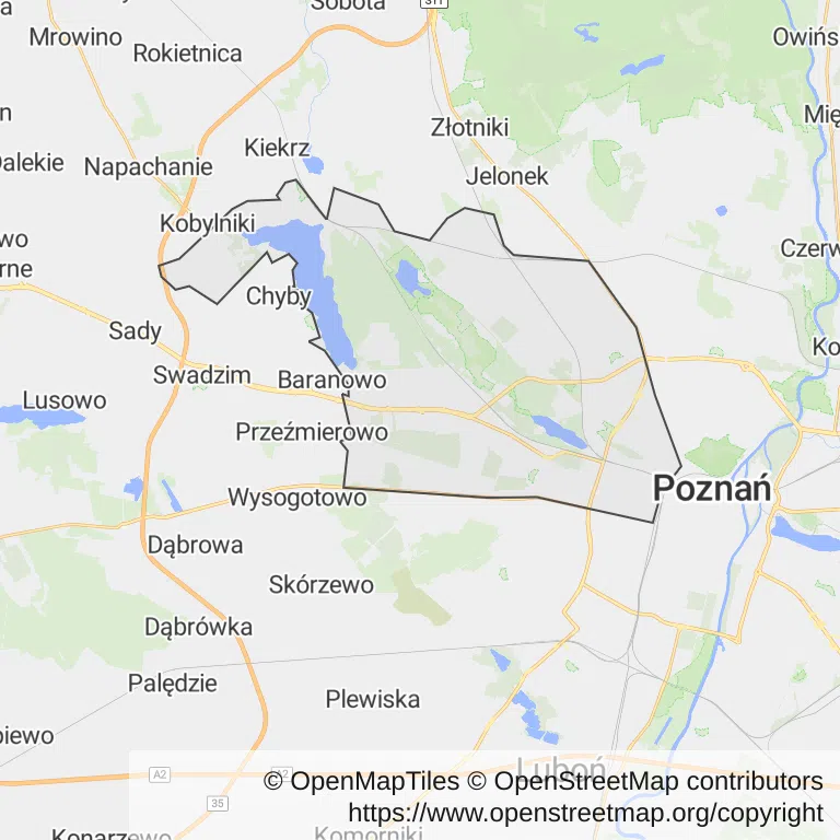 Mapa z zaznaczonym Jeżycem w Poznaniu