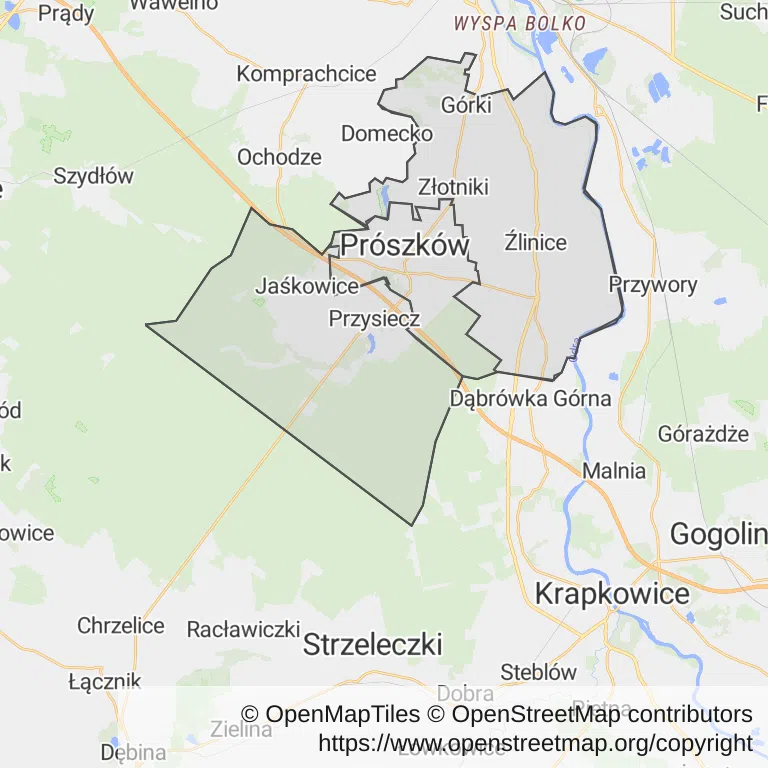 Mapa z zaznaczonym Prószkowem