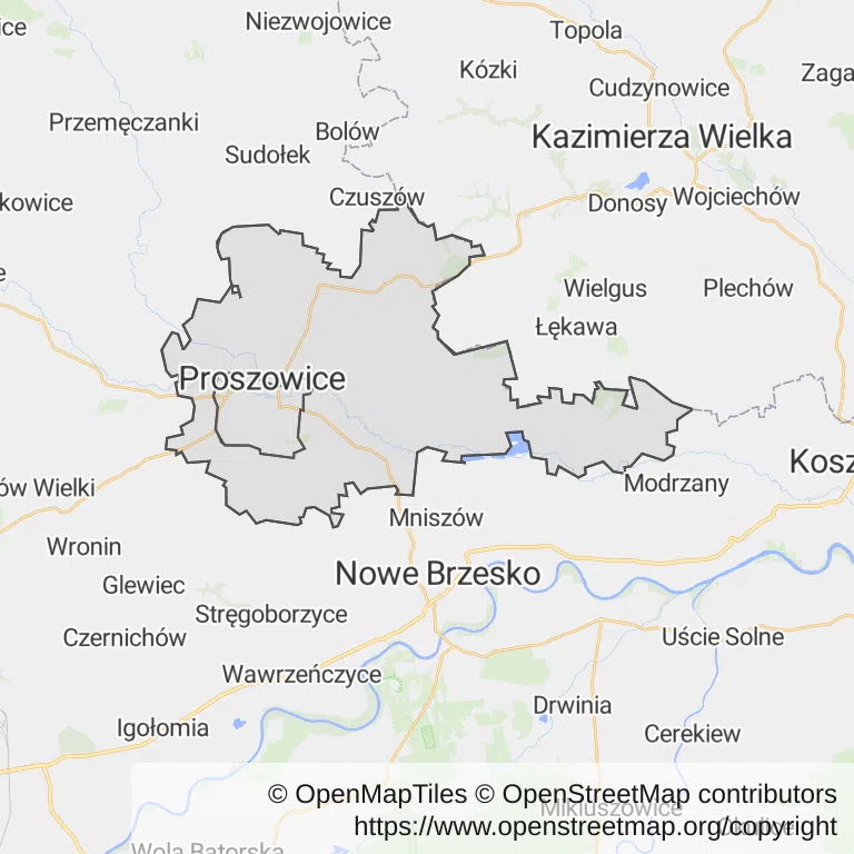 Mapa z zaznaczonymi Proszowicami