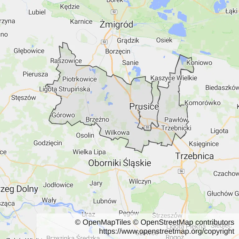 Mapa z zaznaczonymi Prusicami