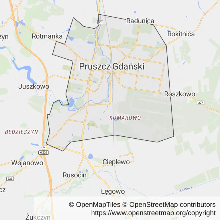 Mapa z zaznaczonym Pruszczu Gdańskim