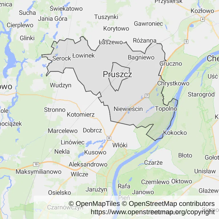 Mapa z zaznaczonym Pruszczem