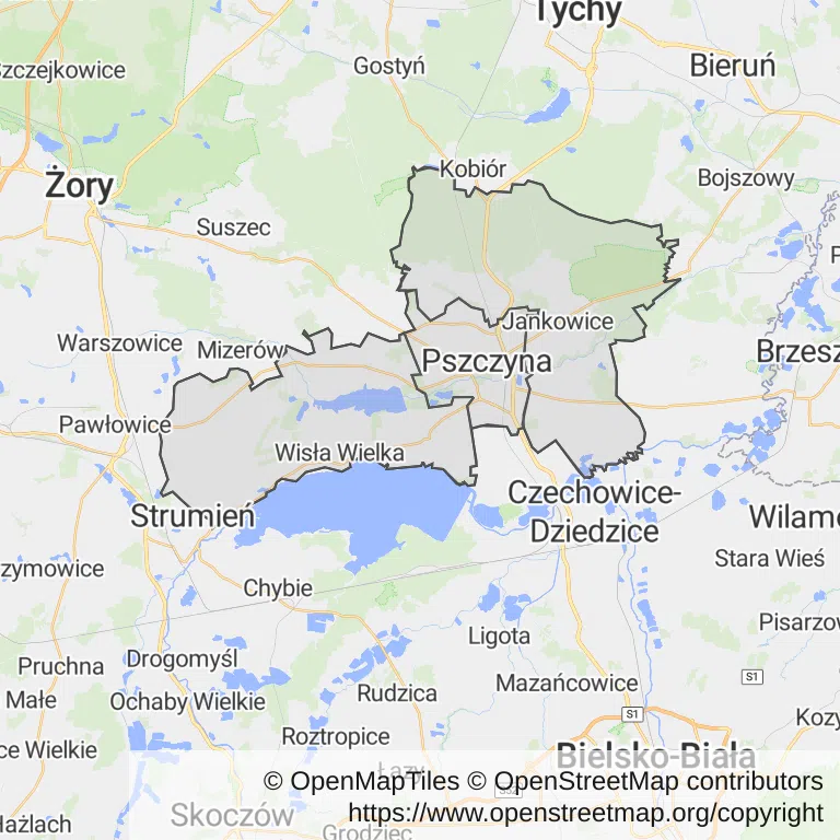 Mapa z zaznaczoną Pszczynem