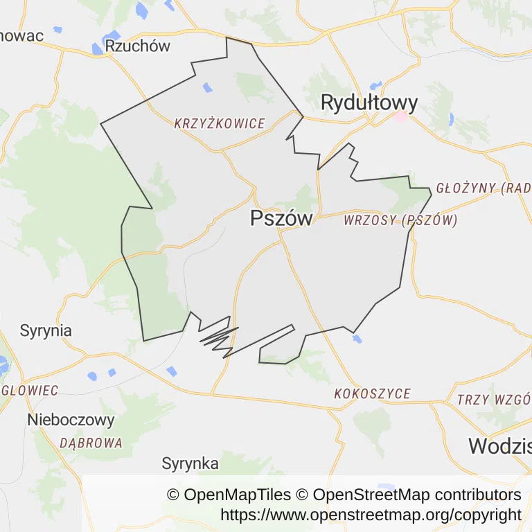 Mapa z zaznaczonym Pszowem
