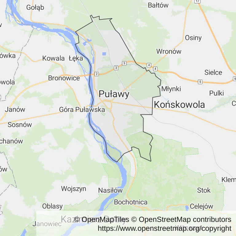 Mapa z zaznaczonym Puławami