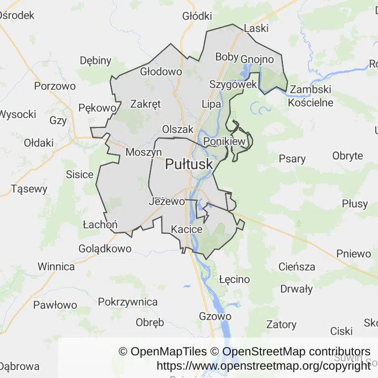 Mapa z zaznaczonym Pułtuskiem