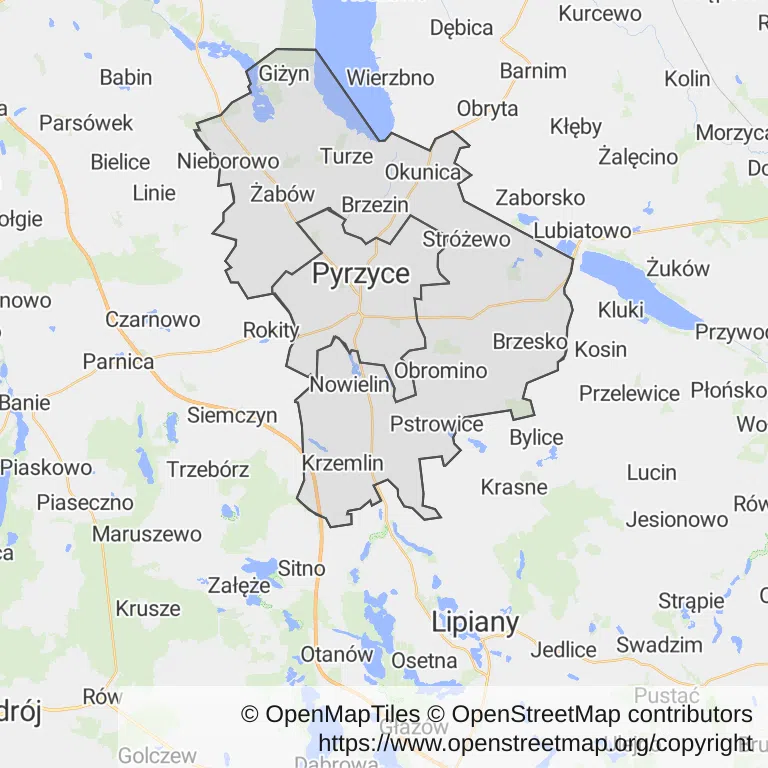 Mapa z zaznaczonymi Pyrzycami