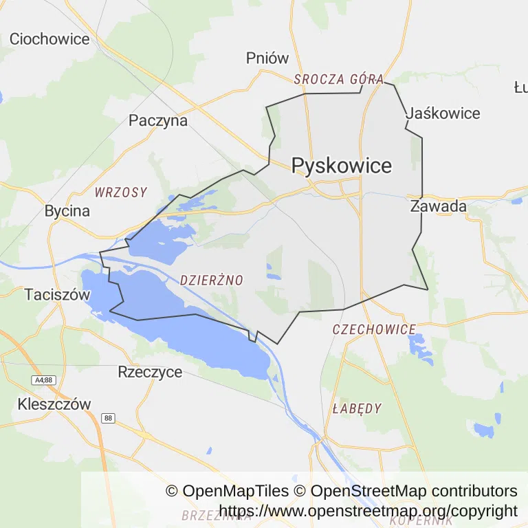Mapa z zaznaczonymi Pyskowicami