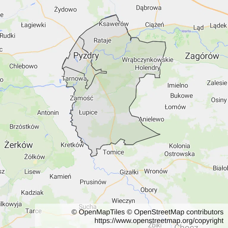 Mapa z zaznaczonym Pyzdrami