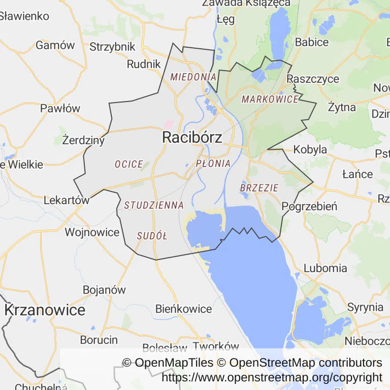 Mapa z zaznaczonym Raciborzem