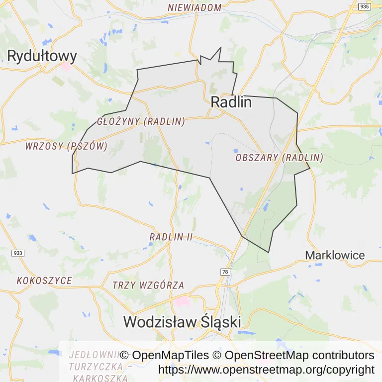 Mapa z zaznaczonym Radlinem