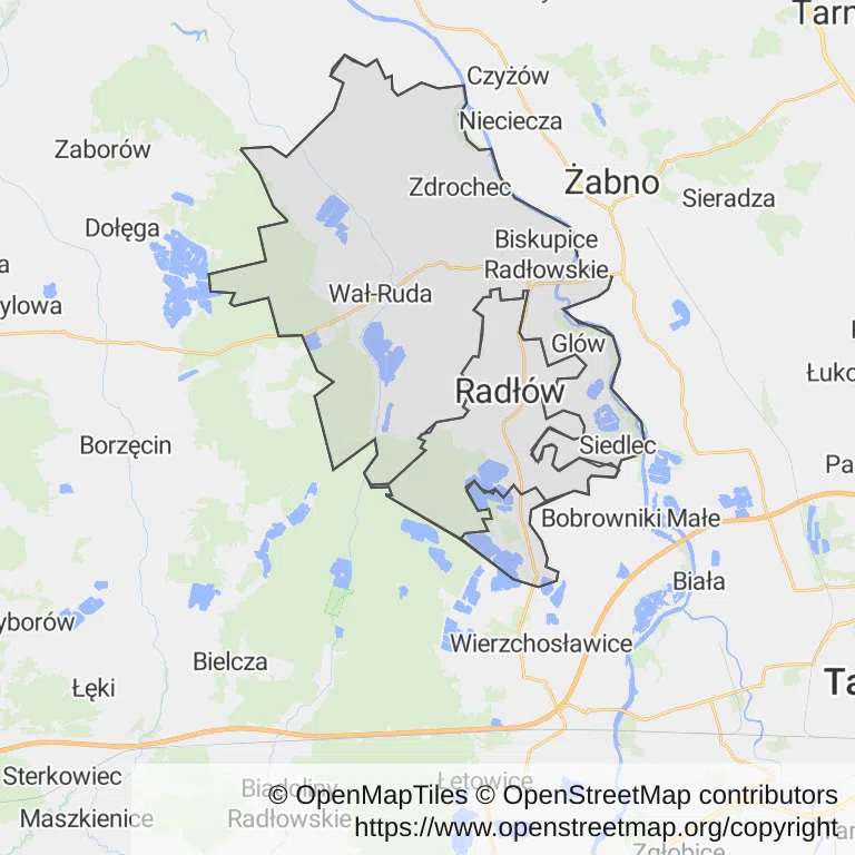 Mapa z zaznaczonym Radłowem