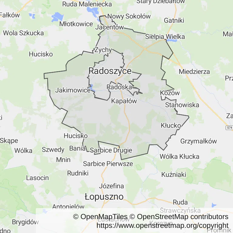 Mapa z zaznaczonymi Radoszycami