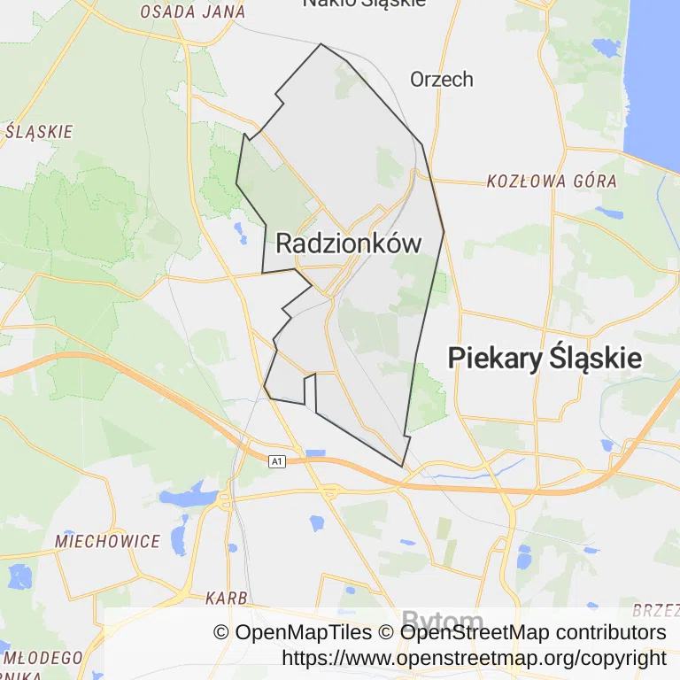 Mapa z zaznaczonym Radzionkowem