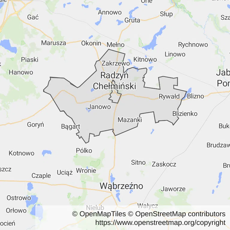 Mapa z zaznaczonym Radzyniu Chełmińskim