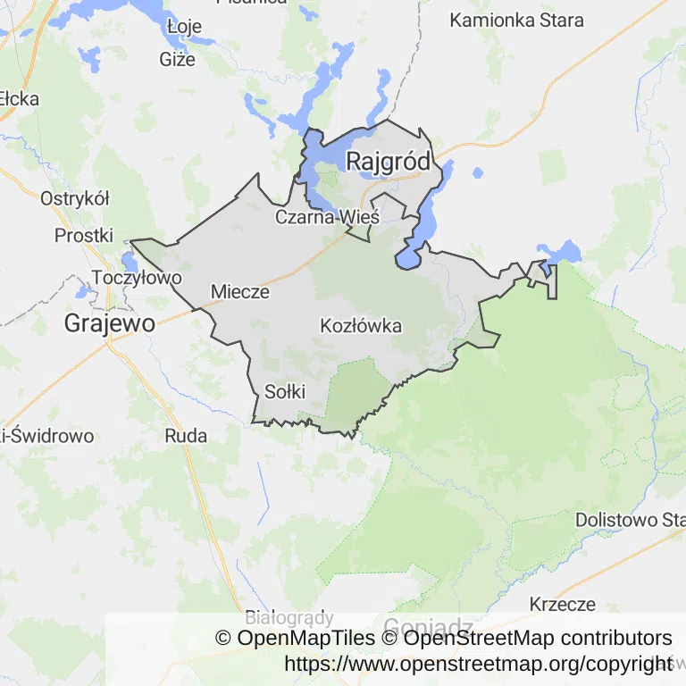 Mapa z zaznaczonym Rajgrodzem