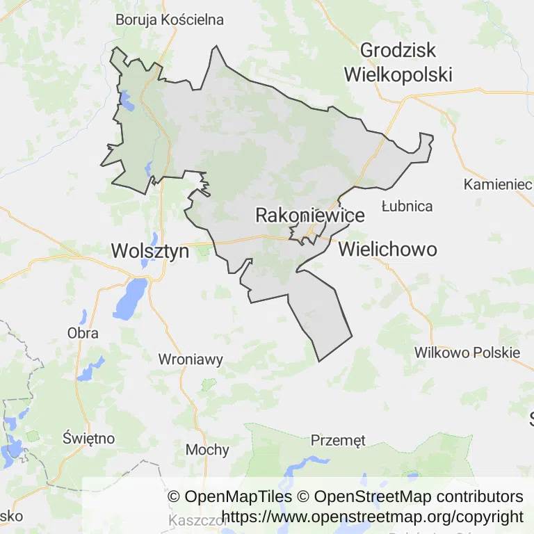 Mapa z zaznaczonymi Rakoniewicami