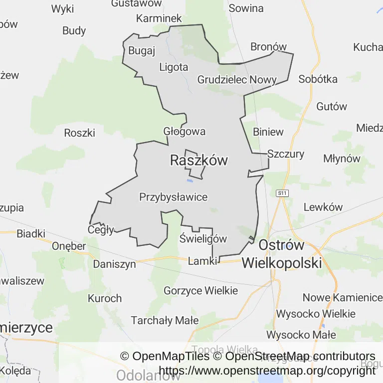 Mapa z zaznaczonym Raszkowem
