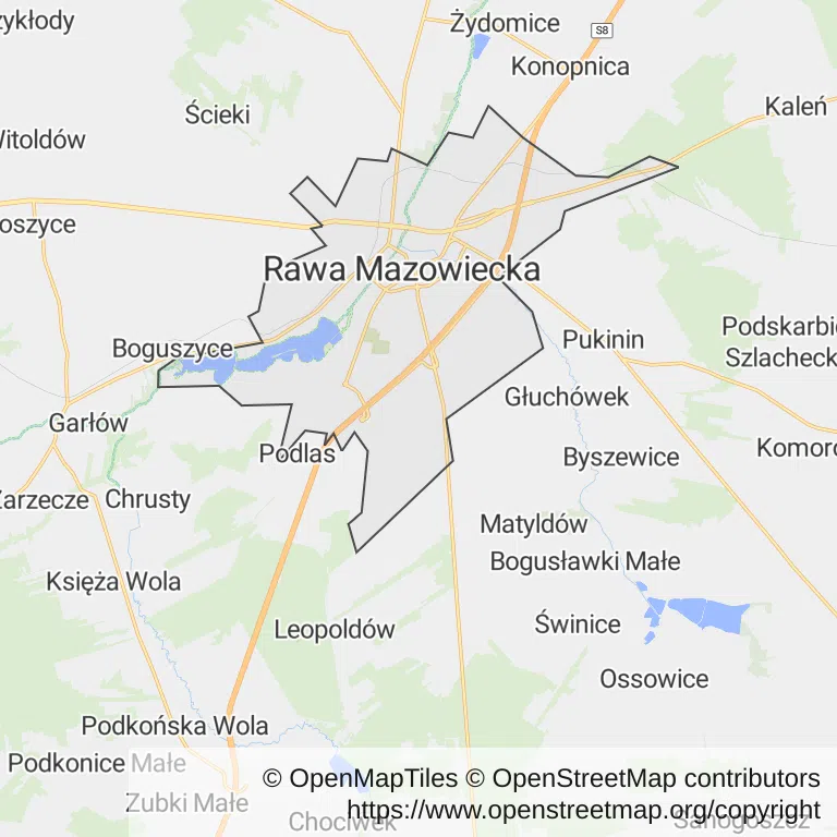 Mapa z zaznaczoną Rawie Mazowieckiej