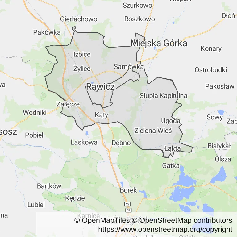 Mapa z zaznaczonym Rawiczem