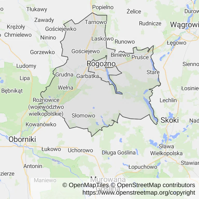 Mapa z zaznaczonym Rogoźnem