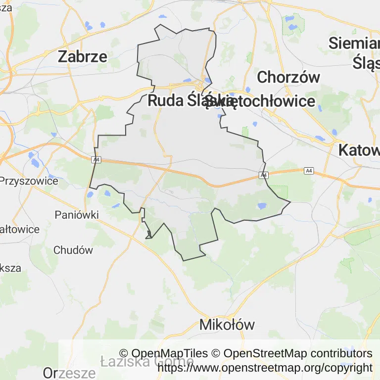 Mapa z zaznaczoną Rudzie Śląskiej