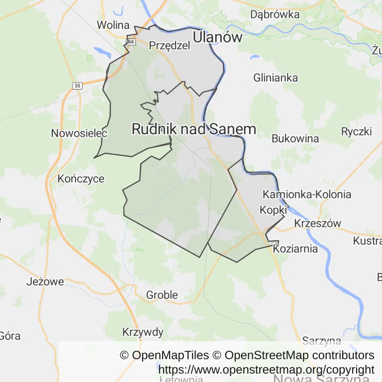 Mapa z zaznaczonym Rudniku nad Sanem