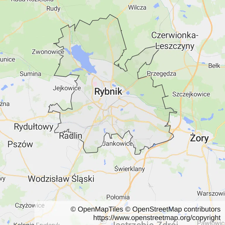 Mapa z zaznaczonym Rybnikiem