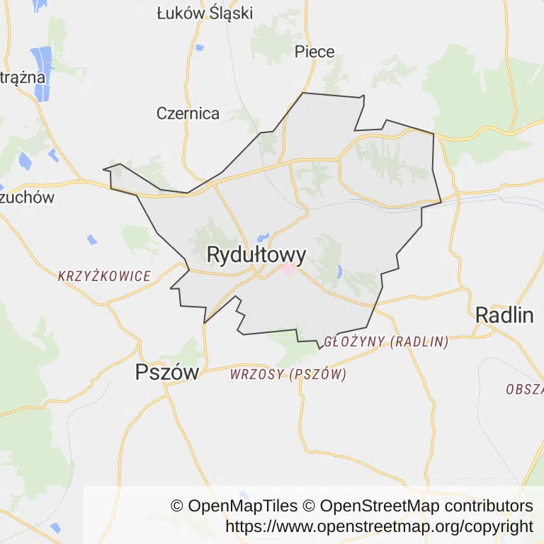 Mapa z zaznaczonym Rydułtowami