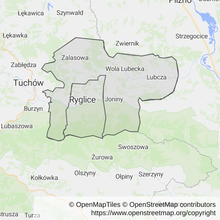 Mapa z zaznaczonymi Ryglicami