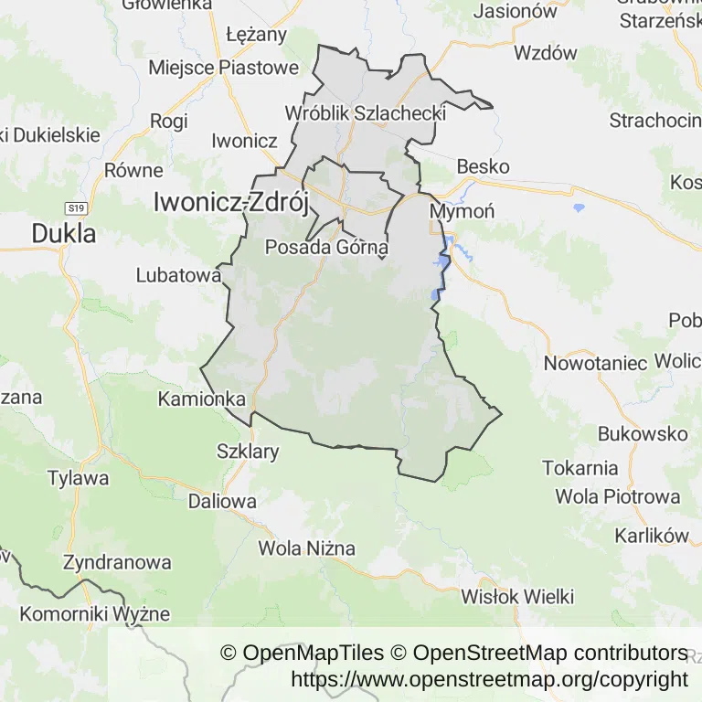 Mapa z zaznaczonym Rymanowem