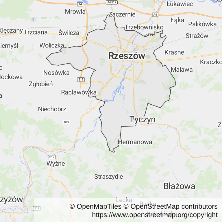 Mapa z zaznaczonym Rzeszowem