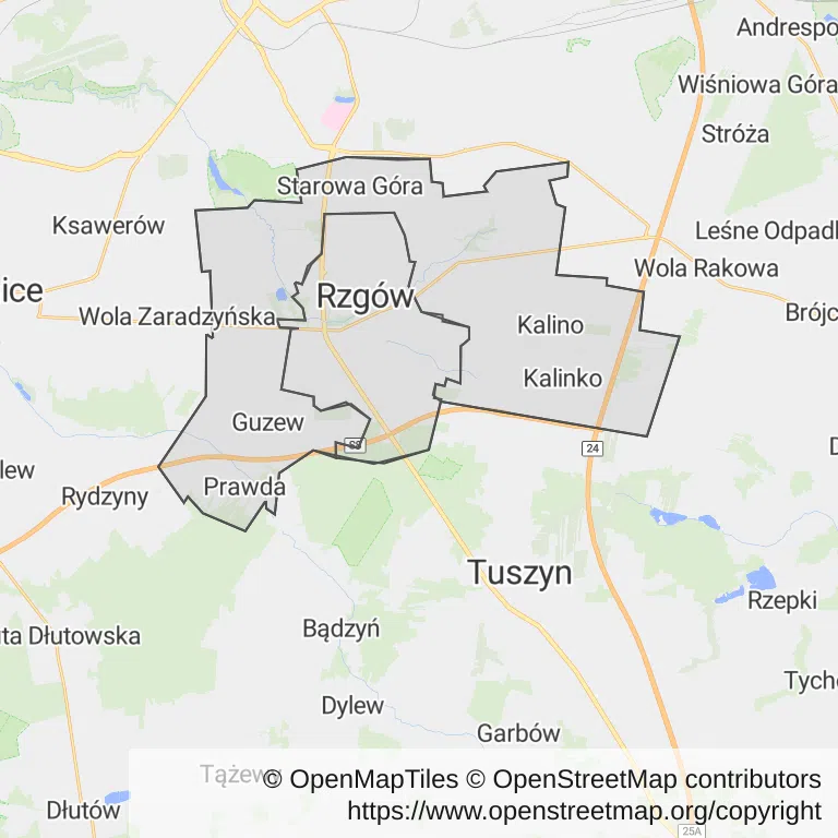 Mapa z zaznaczonym Rzgowem
