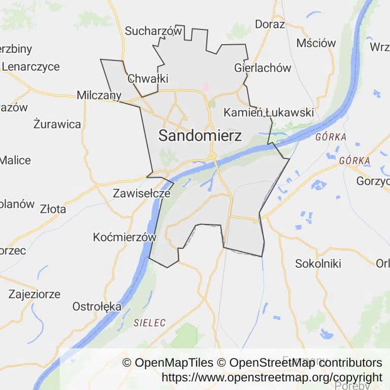Mapa z zaznaczonym Sandomierzem