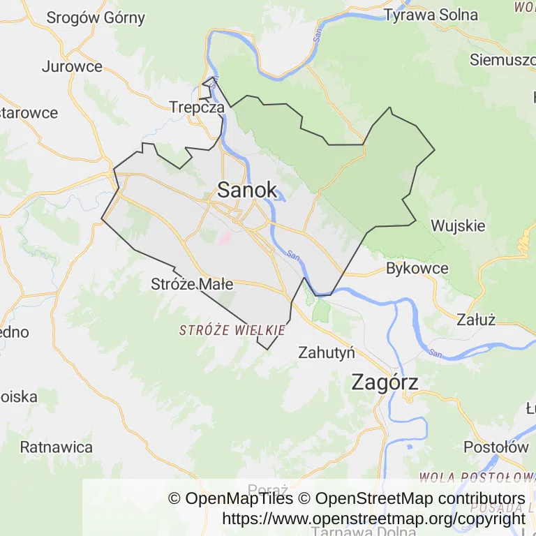 Mapa z zaznaczonym Sanokiem