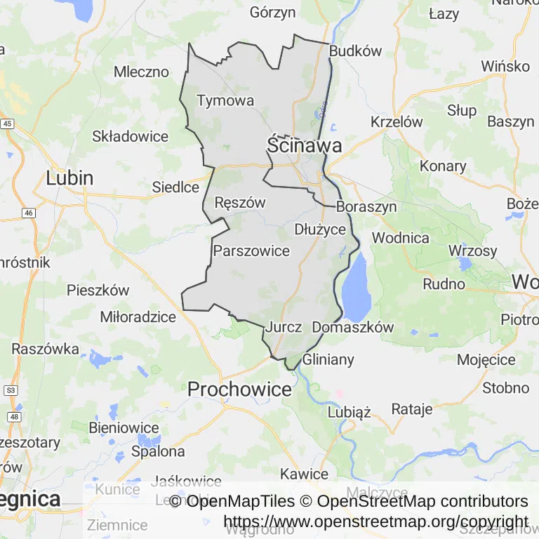 Mapa z zaznaczoną Ścinawem