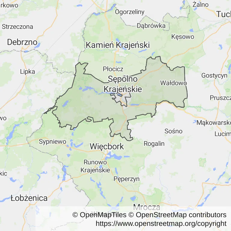 Mapa z zaznaczonym Sępólnie Krajeńskim