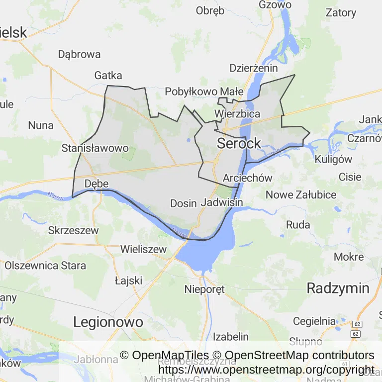 Mapa z zaznaczonym Serockiem