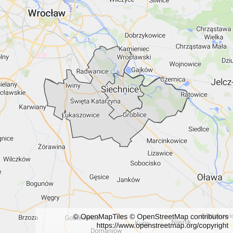 Mapa z zaznaczonymi Siechnicami