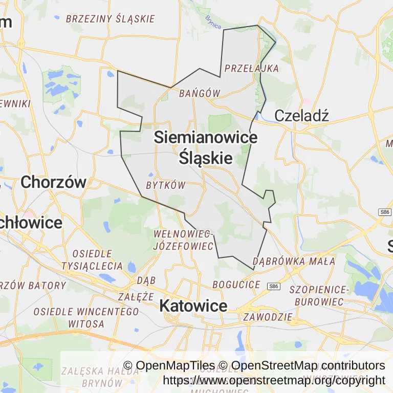 Mapa z zaznaczonym Siemianowicach Śląskich