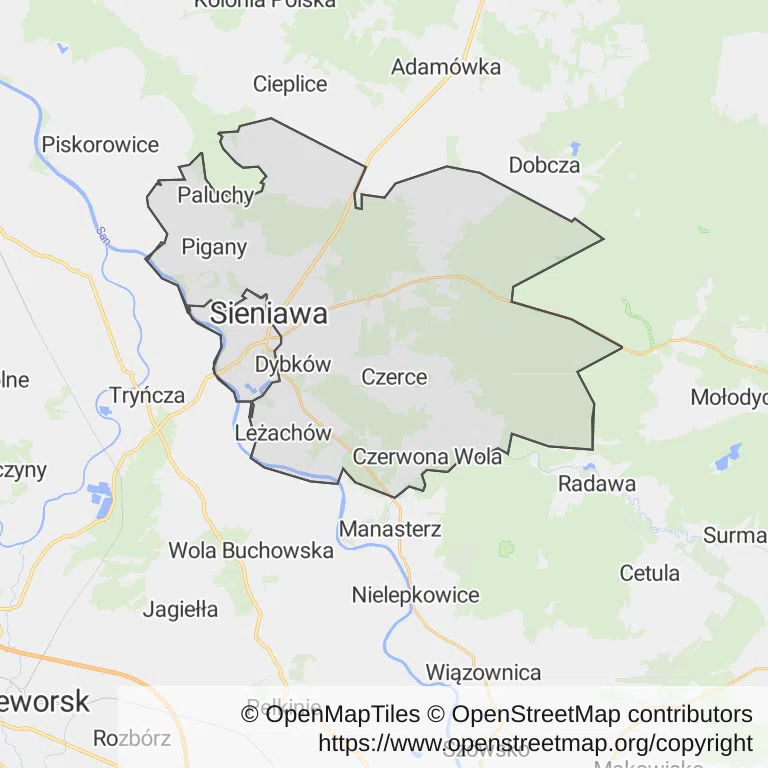 Mapa z zaznaczoną Sieniawem