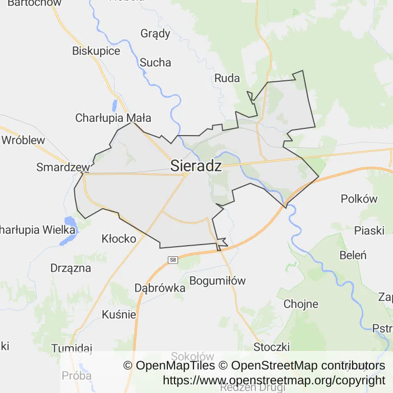 Mapa z zaznaczonym Sieradzem
