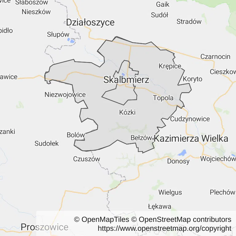 Mapa z zaznaczonym Skalbmierzem
