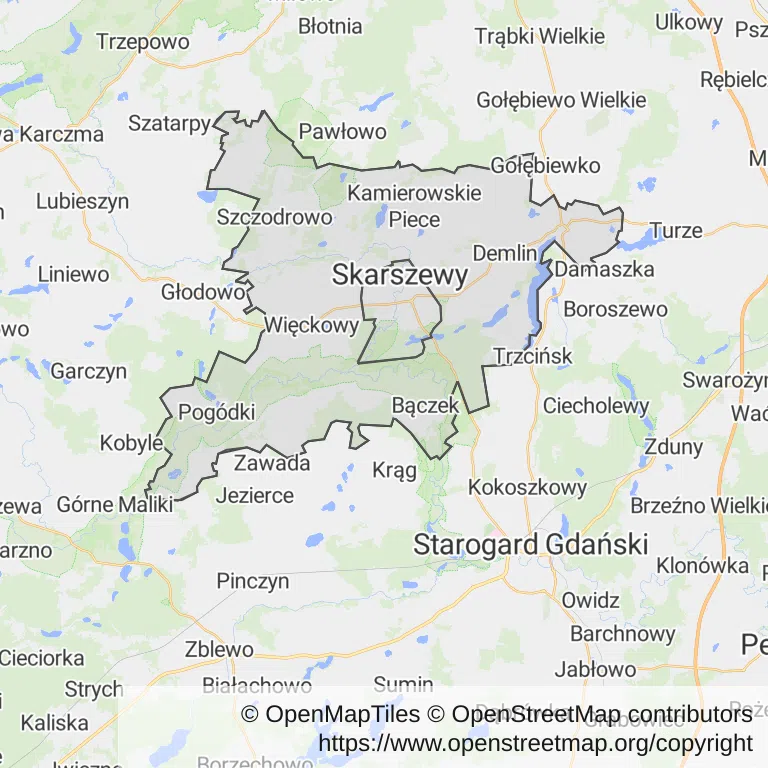 Mapa z zaznaczonym Skarszewami