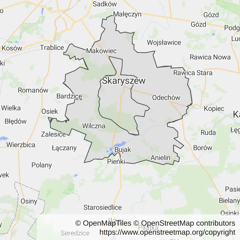 Mapa z zaznaczonym Skaryszewem